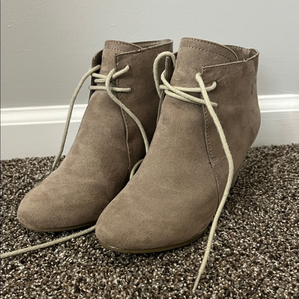 New Directions Taupe Suede Lace Up Booties